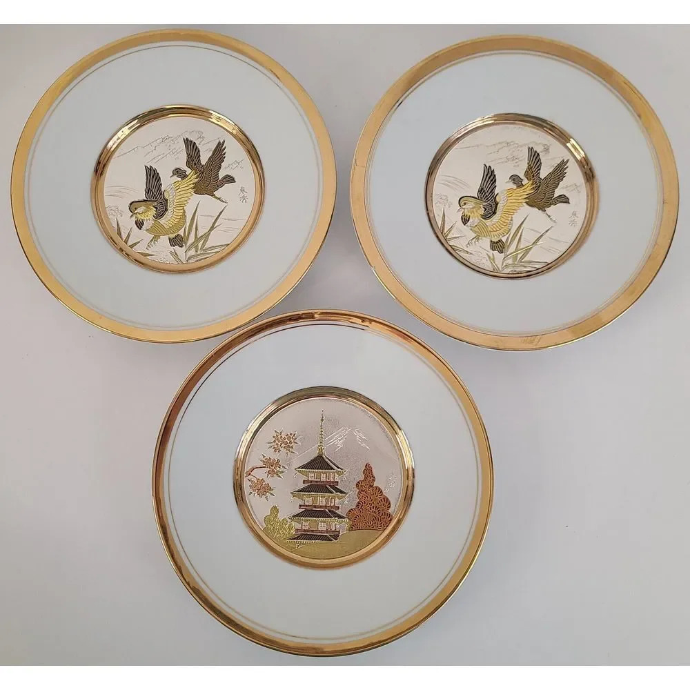 Vintage Set Of 3 Chokin 24kt Gold Decor Plate Japanese Temple & Mallard Ducks 7"